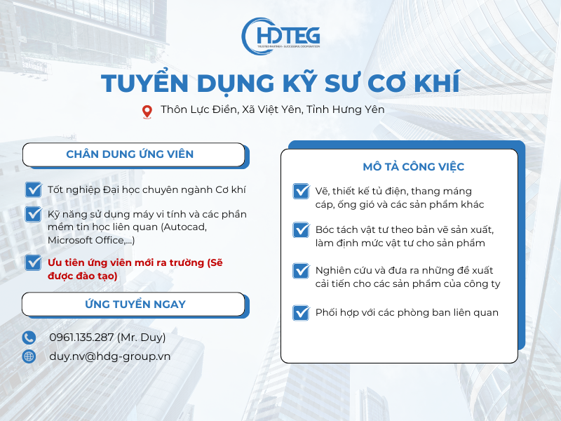 [Hưng Yên] - Tuyển dụng Kỹ sư cơ khí