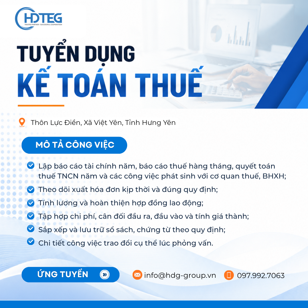 [HƯNG YÊN] Tuyển dụng Kế toán thuế